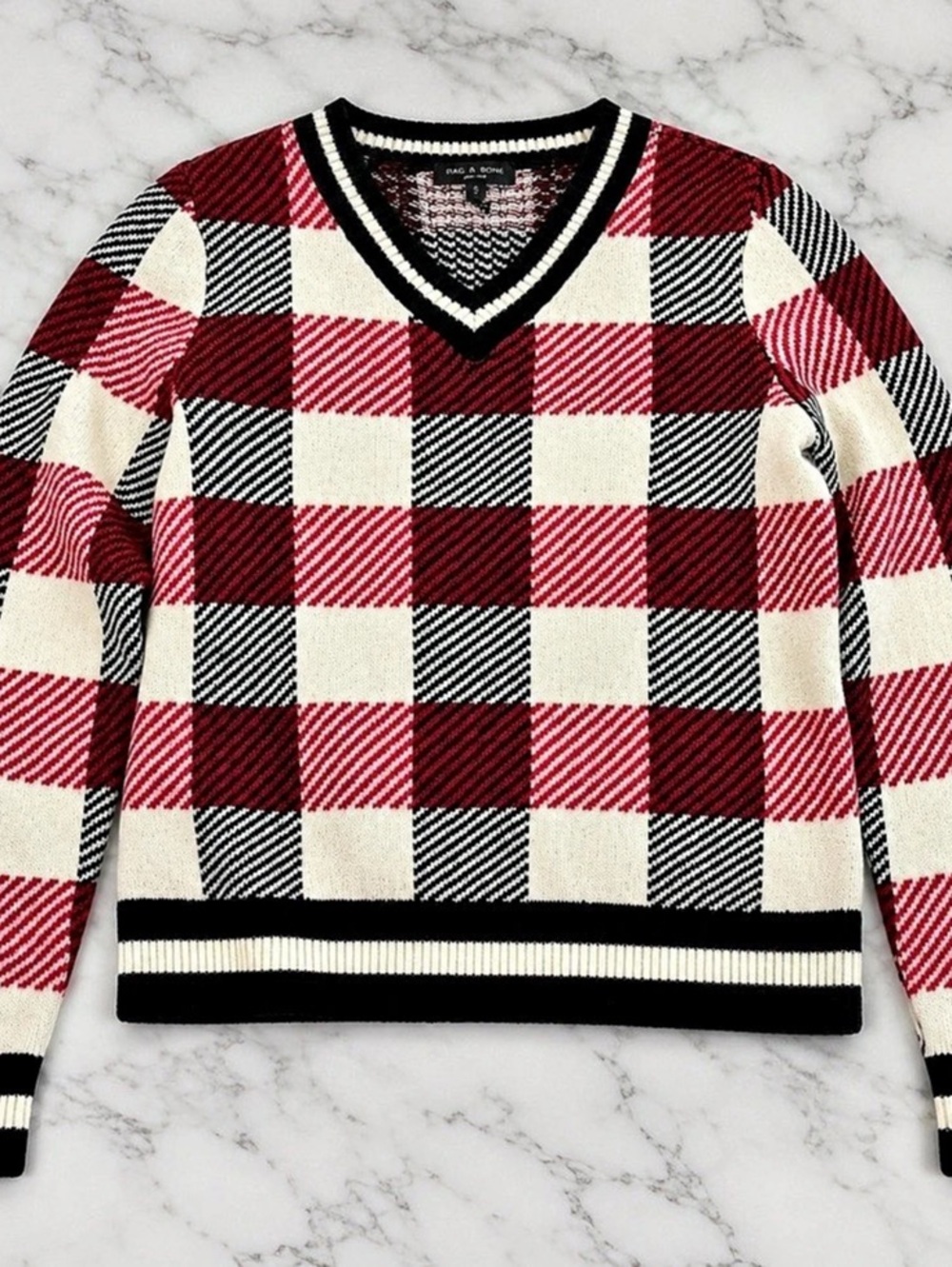 rag & bone Gabby V-Neck Wool Sweater Plaid Red & Black Size Medium